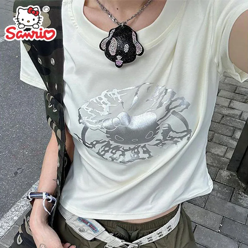 Sanrio Hello Kitty Tričká Ženy letné sexy y2k oblečenie štíhle elastické chudé kawaii karikatúra dievčenské streetwear plodiny topánky darček