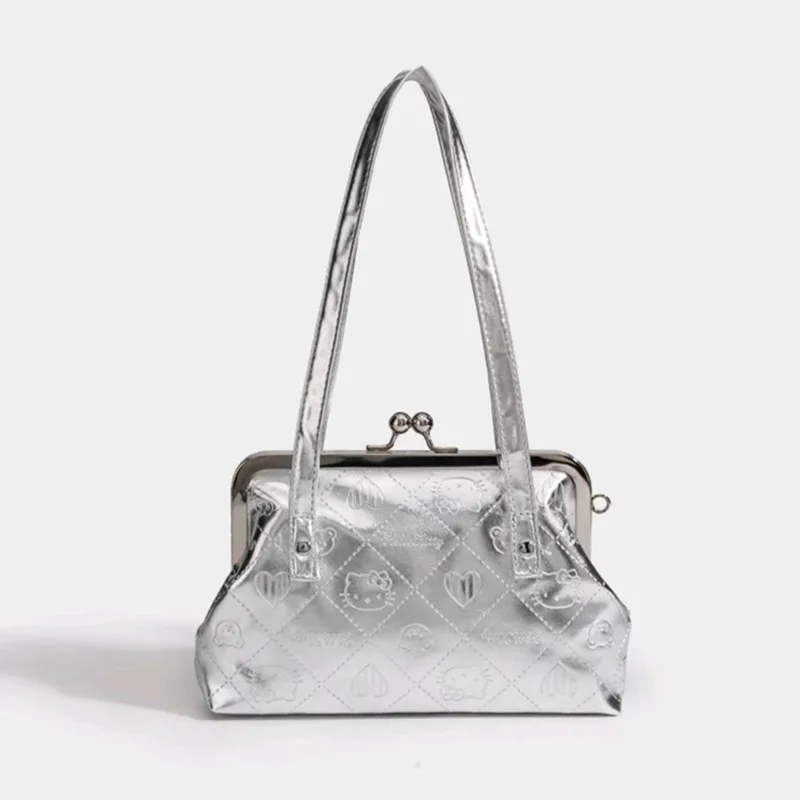 Sanrio Hello Kitty Vintage Strieborná karikatúra Reliéfá kabelka Ženy módny trend s jedným ramenným taškou roztomilý Y2K Student Commuter Bag