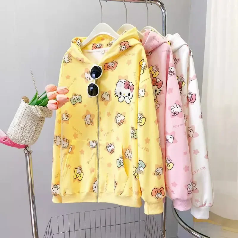 Sanrio Hello Kitty Zhustená bavlnená vlna Streetwear Women Originalzip Hoodie Girl Loose Campus Pár kabány kabát y2k oblečenie y2k