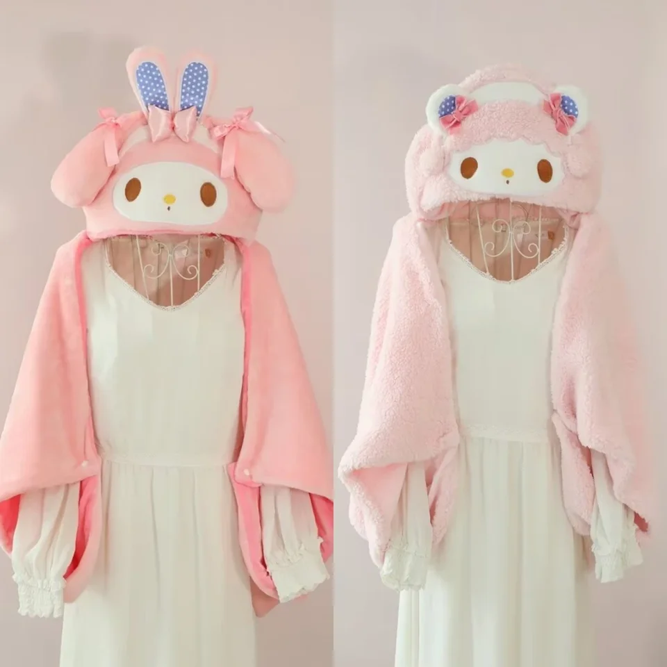 Sanrio karikatúra moja melódiová s kapucňou prikrývka kawaii japonský štýl plyš s kapucňou plášť sladký klavír teplý flanel prikrývku vianočné darček