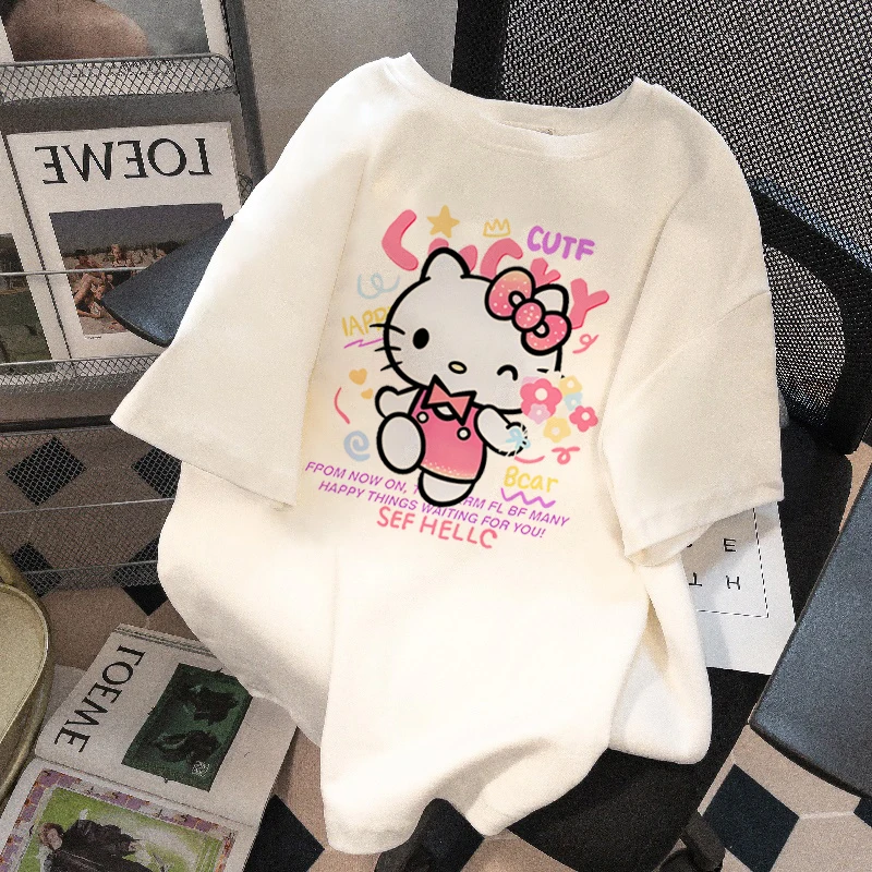 Sanrio Kawaii Hello Kitty Cartoon Zábava Dámske bavlnené tričko letné oblečenie Y2K Krásne anime tlače voľné tričko