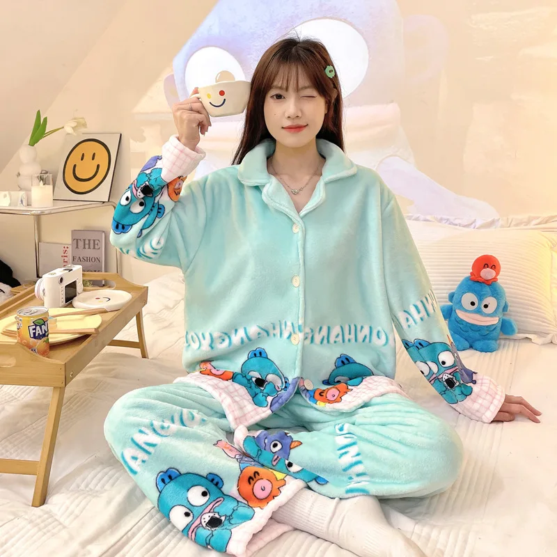 Sanrio Kit Girl Flanel Cardigan Flip Gollar Keep Warm Pajama Set Kawaii Hangyodon Comic Student Zhusťovanie