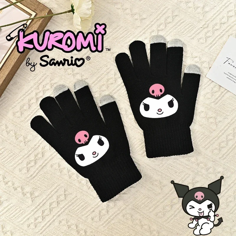 Sanrio Kuromi Detské päť prstových rukavíc roztomilé teplé dotykovateľné pletené rukavice módne karikatúra anime zimný darček darček