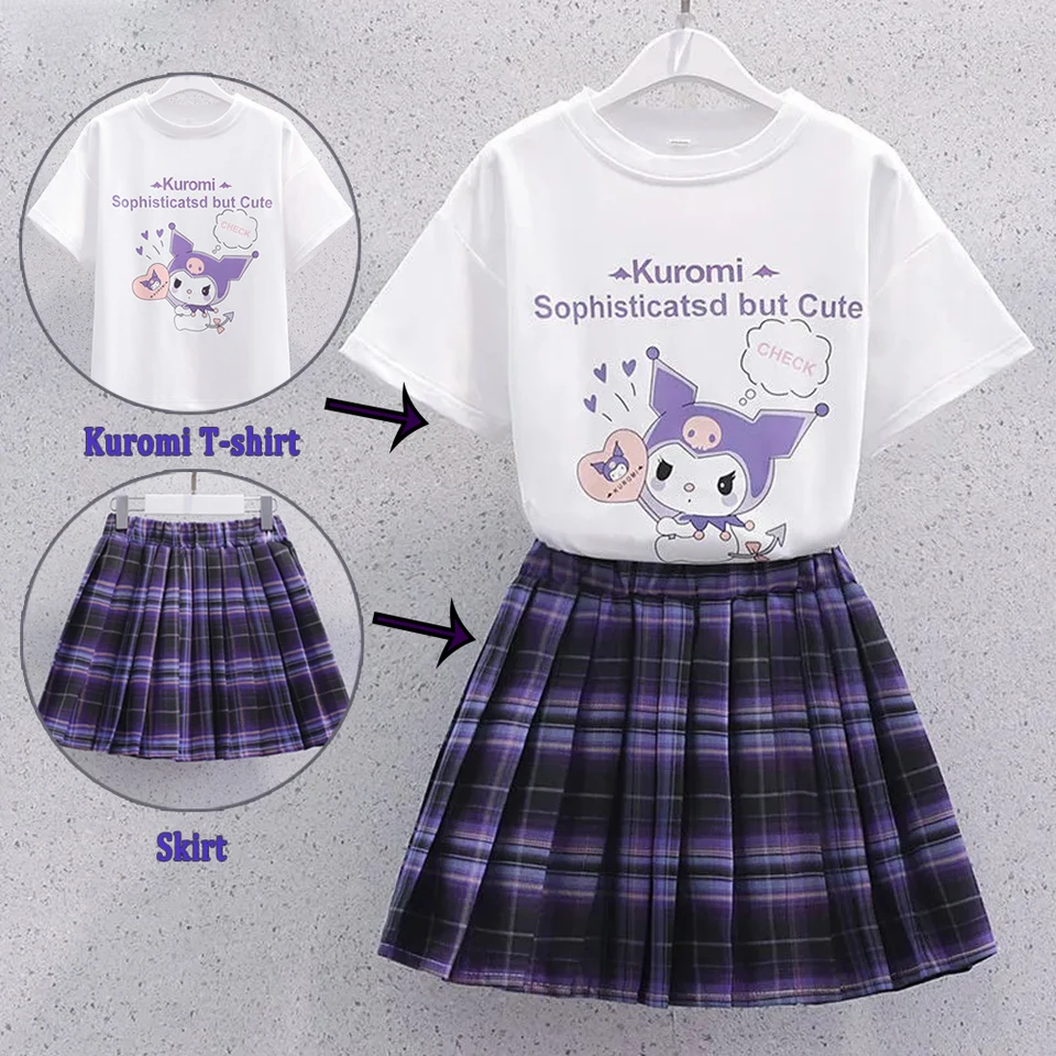 Sanrio Kuromi Kawaii Girls College Style Tričko sukňu letné oblečenie Nové dievčenské oblečenie detské oblečenie v štýle paseed sukne