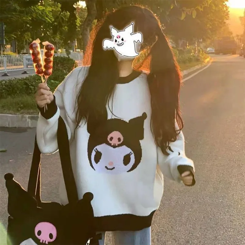Sanrio kuromi sveter roztomilý karikatúra pletené pullovy zimné estetické skokany s dlhým rukávom