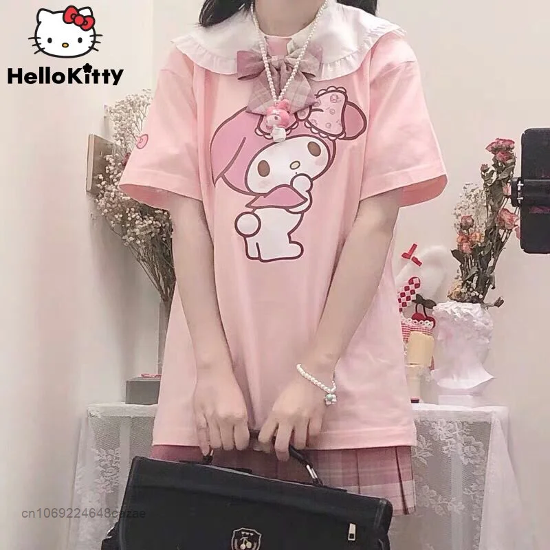 Sanrio My Melody T-Shirt Girl 2022 Nové letné elegantné obojky obojok Kórejská verzia Sladké tričko Y2K Soft Sister Tops for Women