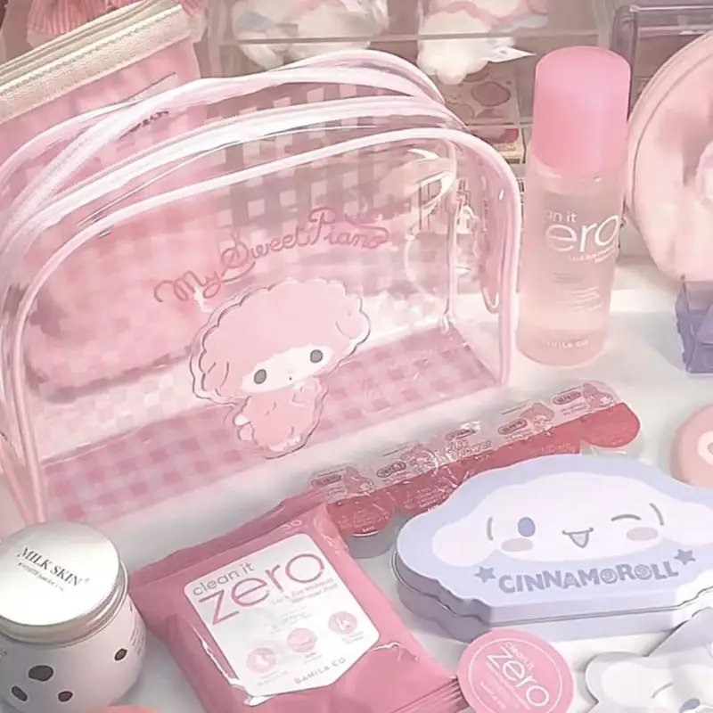 Sanrio Piano PVC Storage Bag Cartoon Kawaii Nové priehľadné tašky na make -up veľkú kapacitu Toaletné potreby vrecko s malými položkami Storage taška