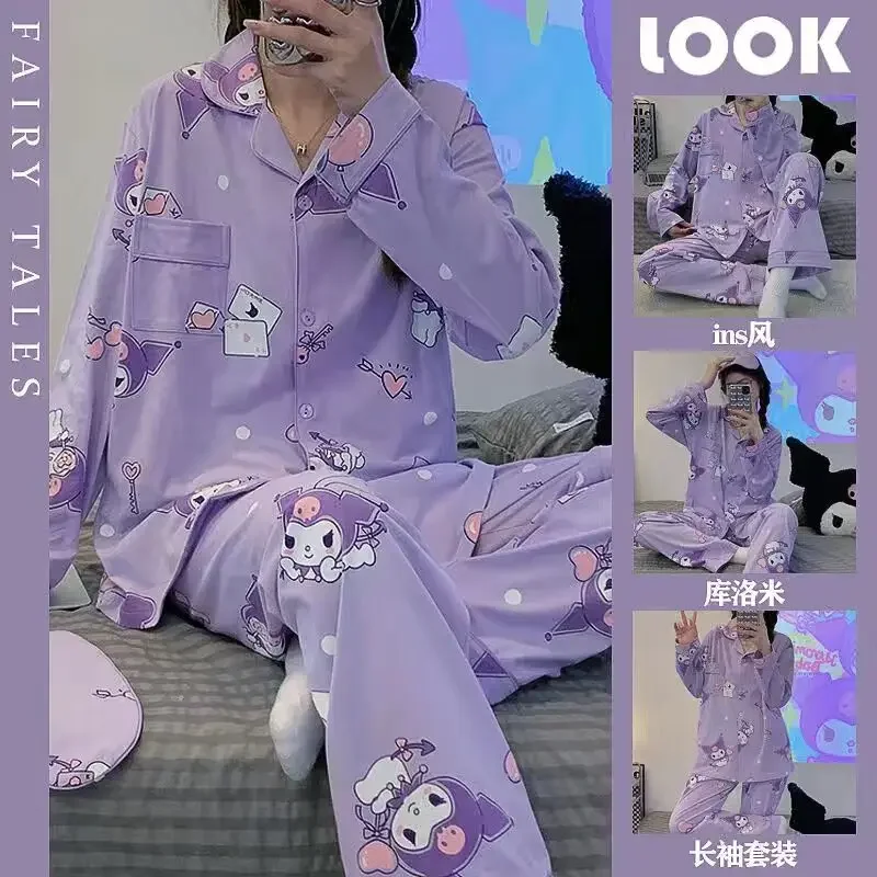 Sanrio Purple Kuromi pyžamy Ženy jar jeseň novú karikatúru Cinnamonroll pyžamy roztomilé hello mačiatko oblečenie s dlhým rukávom Domáci oblek s dlhým rukávom