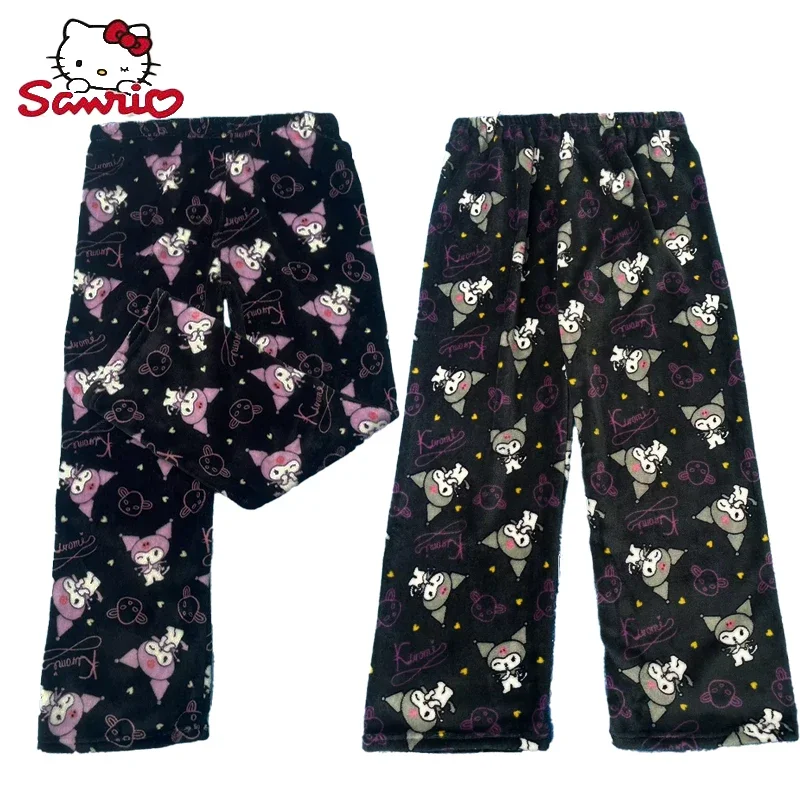 Sanrio y2k Kawaii Hello Kitty Kuromi 2024 Nové nohavice na facicloth flanel pyžamy dámske teplé vlnené koralové čalúnené neformálne domáce nohavice