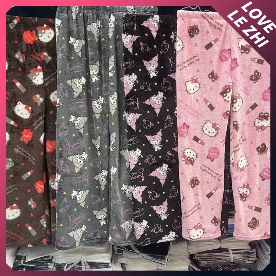 Sanrioed Hello Kittys Kuromi Pajama Pohanky Ženy Flanel Kawaii Cartoon Jeseň a zimné teplé neformálne domáce graffiti nohavice