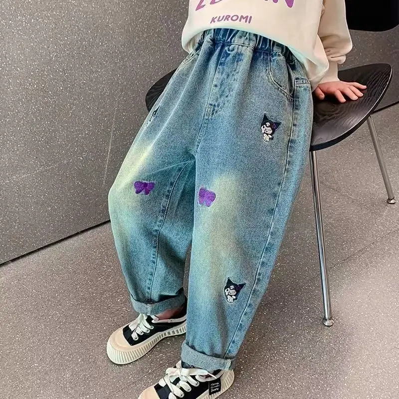Sanrios dievča džínsy Spring Jeseň Kuromi Detské oblečenie Nové kawaii Cartoon Anime Loose Girl Dieťa jesenné oblečenie nohavice