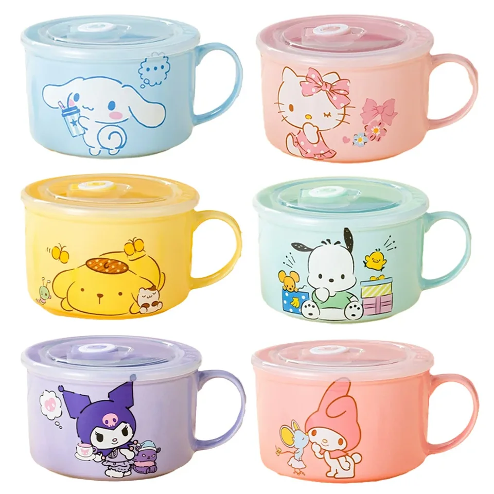 Sanrios Kuromi Cinnamoroll Pochacco My Melody Hellokittys Ceramics Instant Noodle Bowl Dormitors Student Lunch Box Slave Taveware Lid