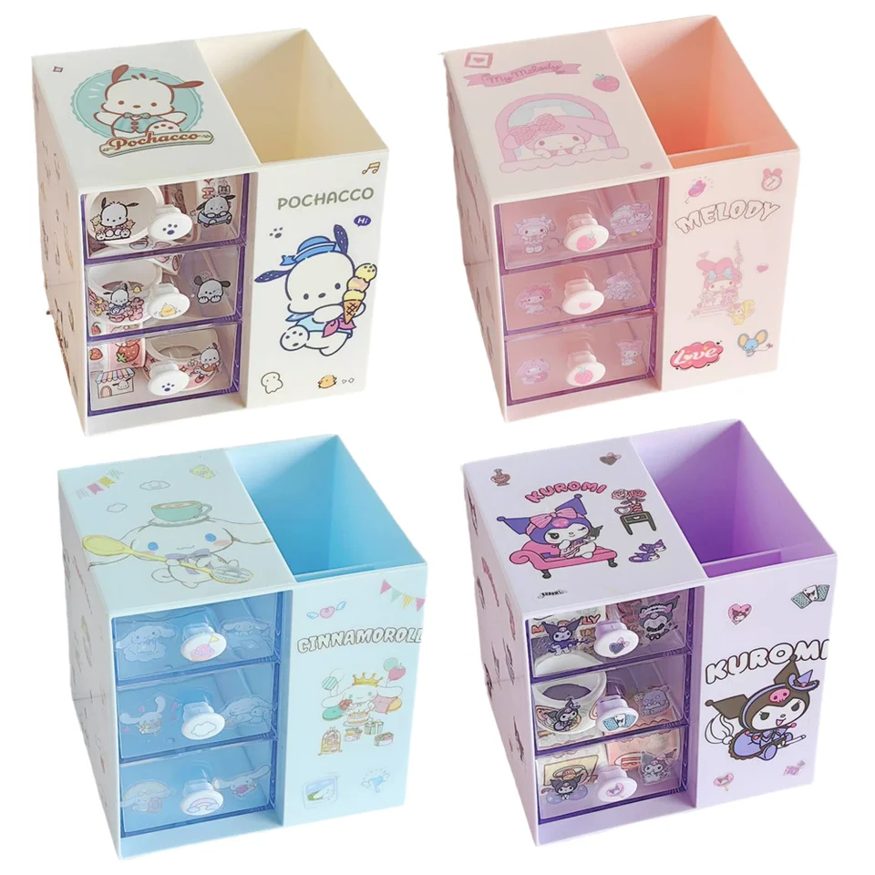 Sanrios My Melody Storage Box Kuromi Cinnamoroll Pochacco Pen Držiteľ zásuvky Organizátor Box Anime Kawaii Mini šperky skrinka darček