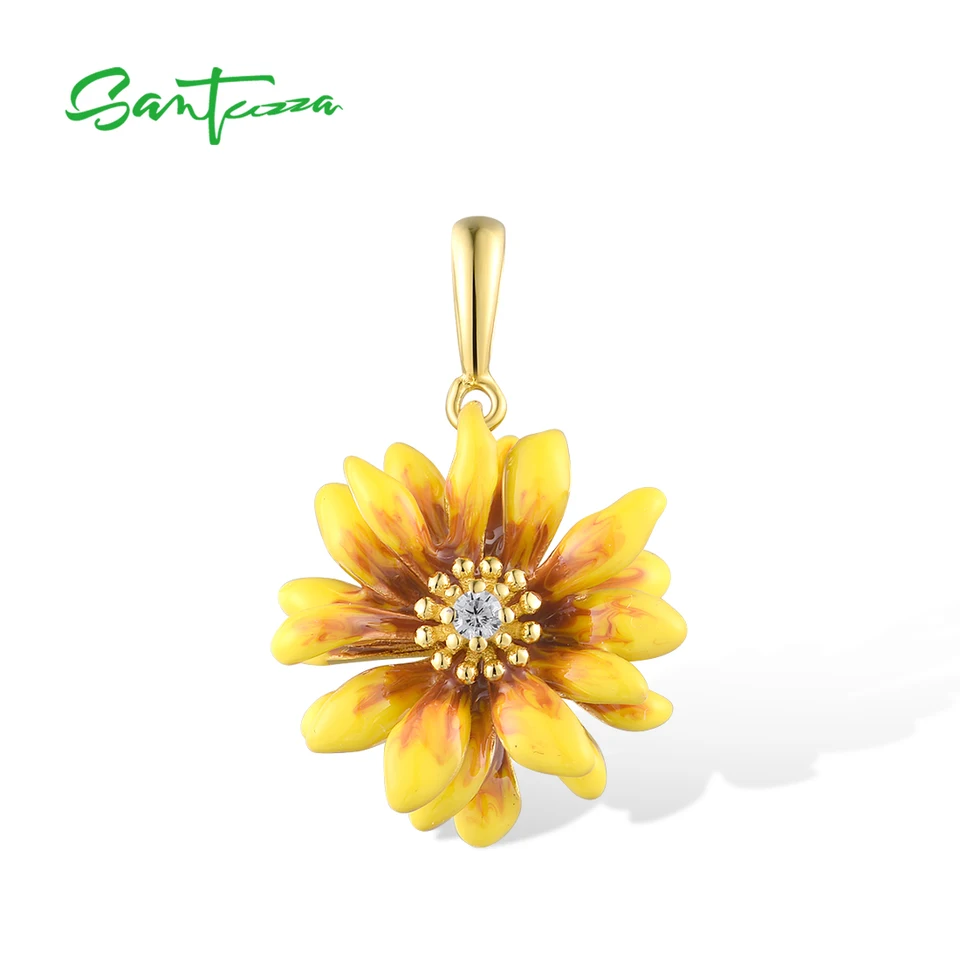Santuzza Pure 925 Sterling Silver Pendant for Women White Cz Enamel Yellow Flower Elegantná večierok Svadba Fantastické jemné šperky