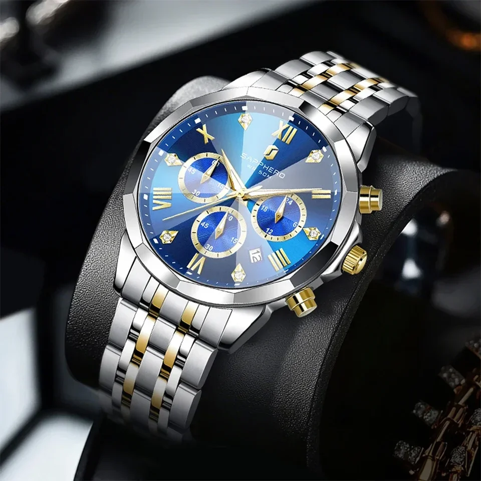 Sapphero Men sledujú diamantové zrkadlo luxusné vodotesné hodinky 2025 Nový Quartz Watch Diamond Dial Darček Darček Zápät reloj hombr