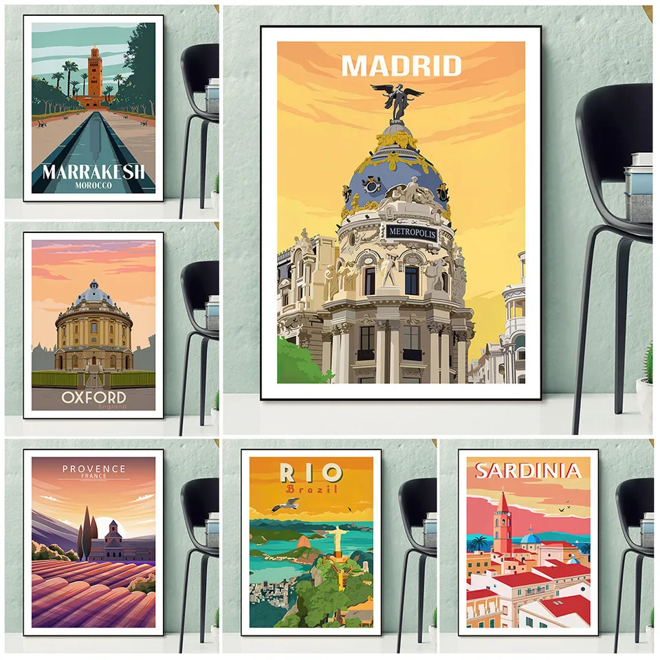 Sardínia, Barcelona, ​​Cancun, Madrid, Viedne cestovný plagát Dekorácia Európska mestská krajina ilustrácia nástenná umenie