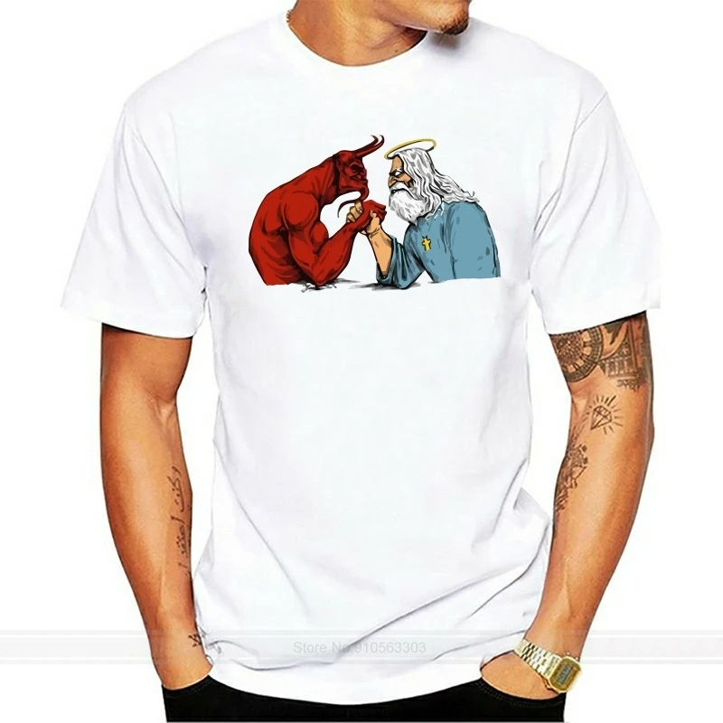 Satan vs God vojnové tričko Satan a Boh Armwrestling War unisex God Satan Graphic Retro Tops Tee tričko