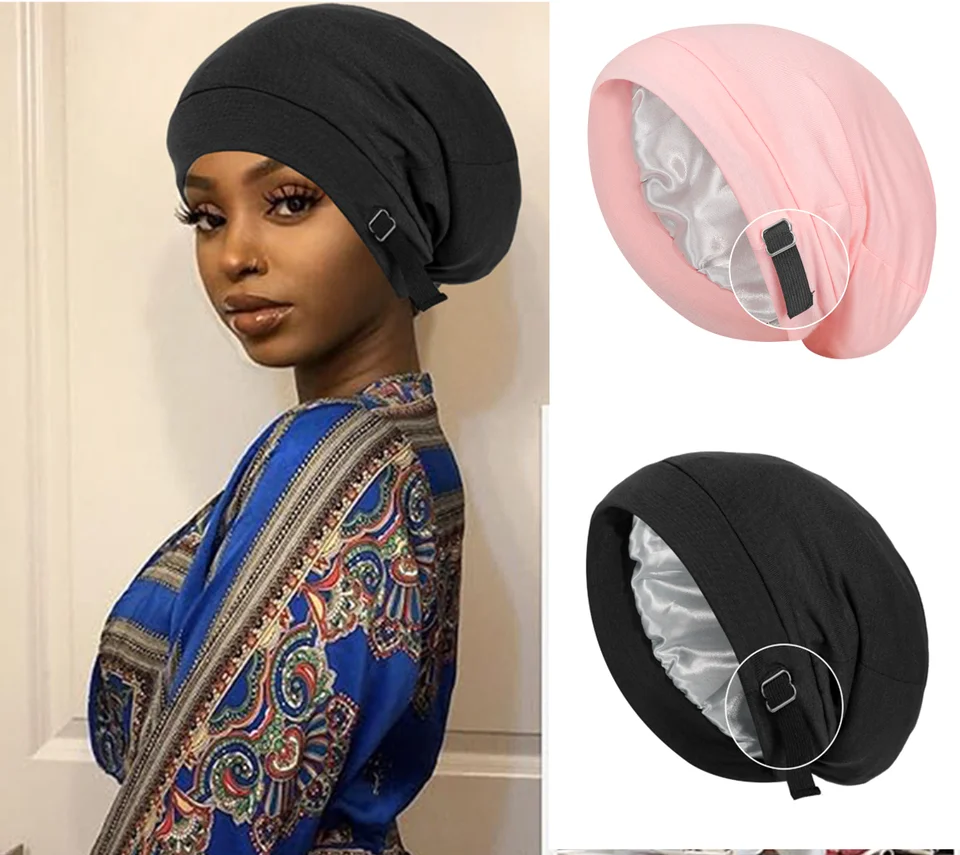 Satin lemovaný kapota klobúk pre ženy Men Men Mäk Elastic Upravený saténové nočné spanie čiapka kučeravé pletené vlasy starostlivosť o vlasy Silky turban spánok čiapka