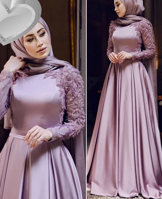 Saténové aplikácie s dlhým rukávom Moslimské hidžábové večerné šaty vysoký krk marocký kaftan formálny večierok arabský dubaj rúž de soiree