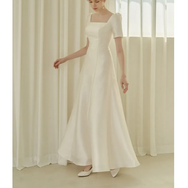 Saténové jednoduché svadobné šaty vintage štvorcový golier formálne večerné šaty s elegantným rukávom elegantné A-line dlhé vestido prispôsobené
