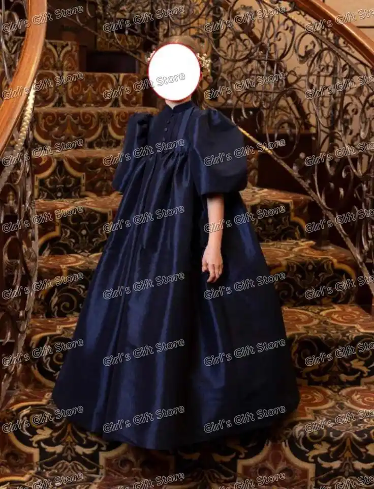 Saténové skladané kvetinové dievčatá Šaty na svadobnú princeznú vysoký krk batoľa Sprievod nafúknutý balónový rukáv First Communion Girls šaty
