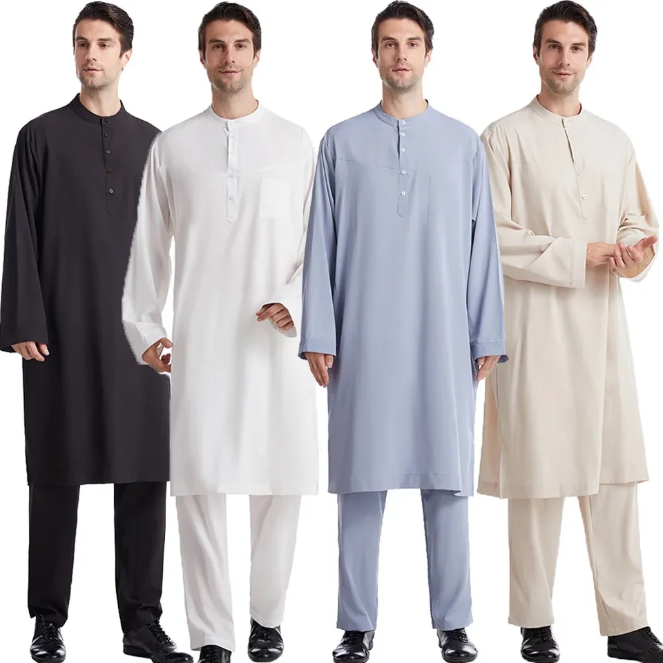 Saudské arabské pánske jubba jubba omani thobe šaty Dubai Abaya moslim s dlhým rukávom Tops