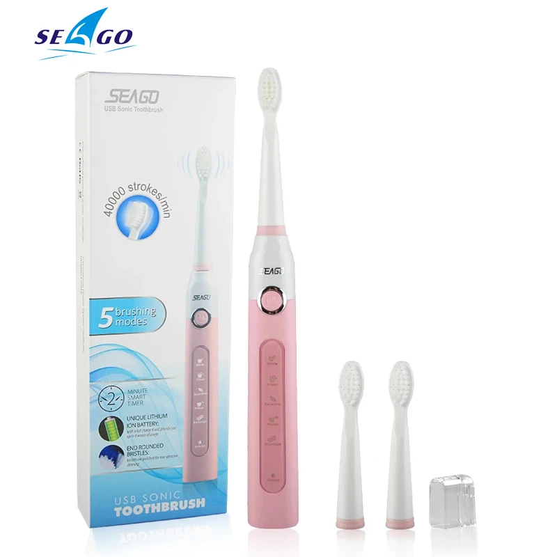 SEAGO SG507 Pink Rehargetable Electric Electric Cefs Sound Cleaning Elektronická zubná kefka IPX7 5 režimy 2 minúty časovača pre dospelých