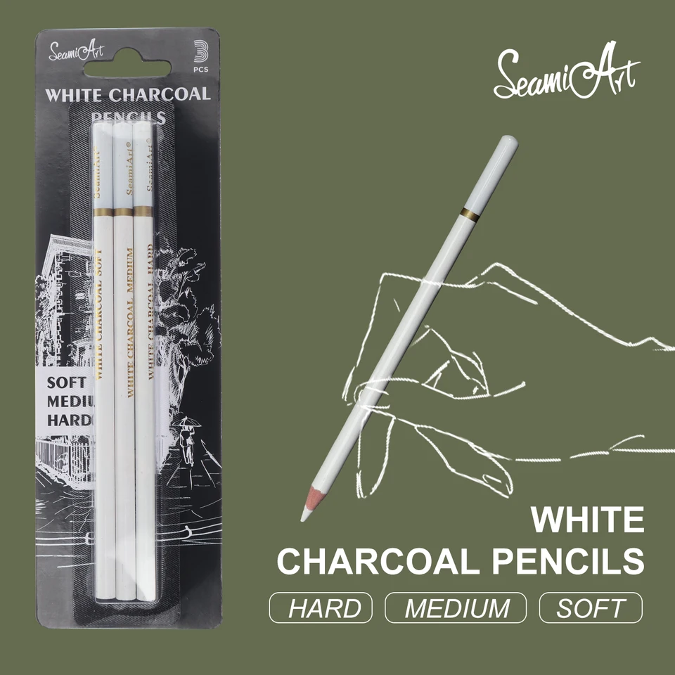 Seamiart 3ks biele mäkké/stredné/tvrdé drevené uhlie ceruzkou na náčrtok náčrtu uhlíkového pera Nástroj Umenie Nástroje kancelária School Supplies Peruzky