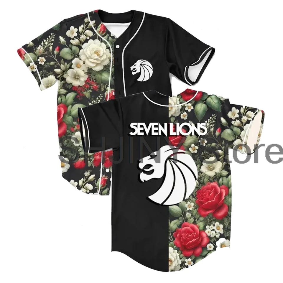 Sedem Lions Flower Split Rave Baseball Jersey for Edm Festival s krátkym rukávom Button-up košele Ženy Men Streetwear Tops