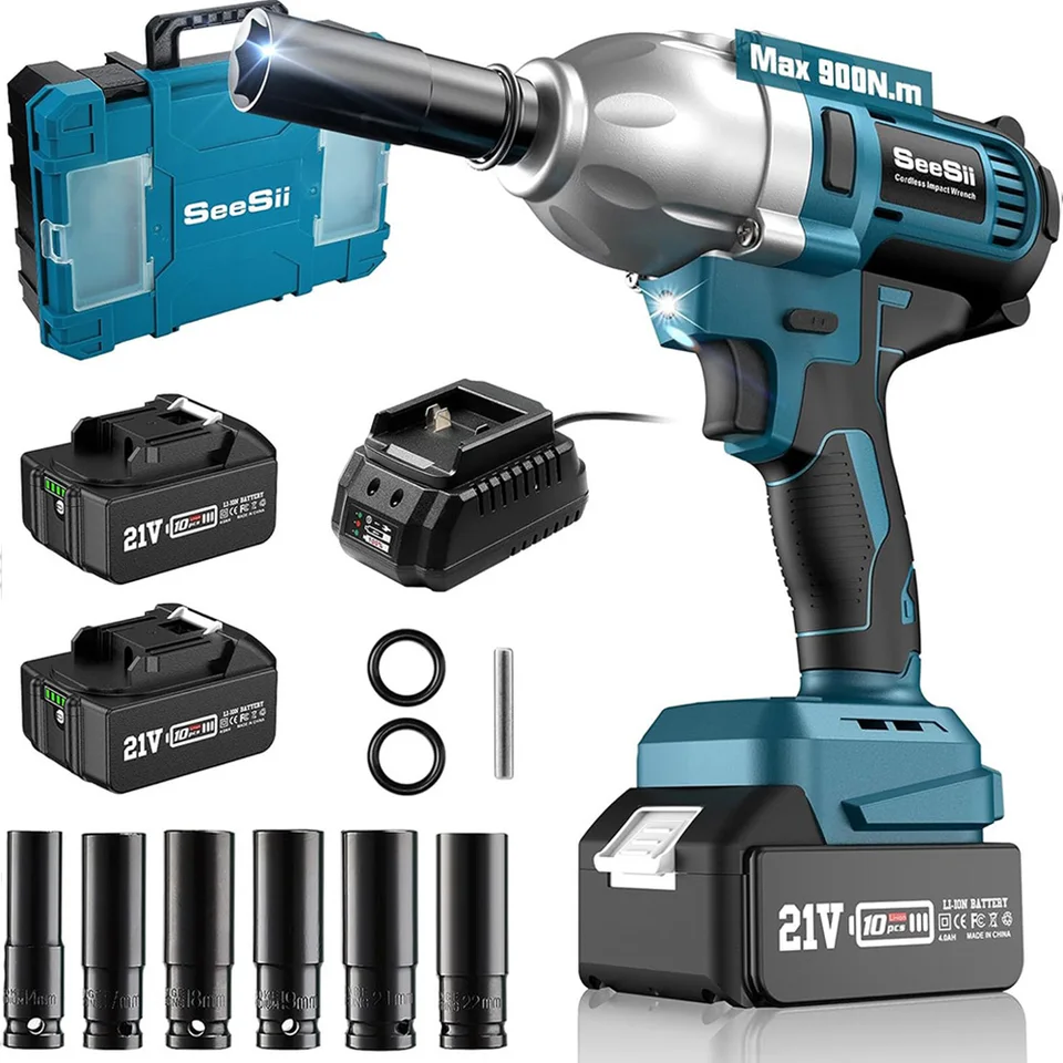 Seesii bezdrôtový elektrický nárazový kľúč 1/2 '' 900n.m Brushless 3300 mpm s vysokým krútiacim momentom s batériou 2x 4,0AH pre batériu Makita 18V