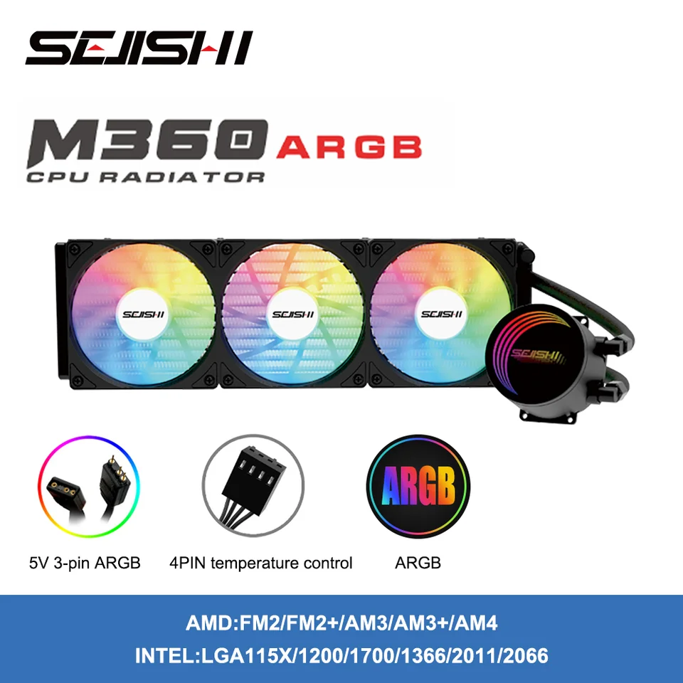 SEJISHI CPU 360 ARGB Vodný chladič pre ventilátor chladiča s vodným chladičom pre zásuvku AMD AM3/AM4 Intel LGA 2066/11/1100/1166/1200/115X
