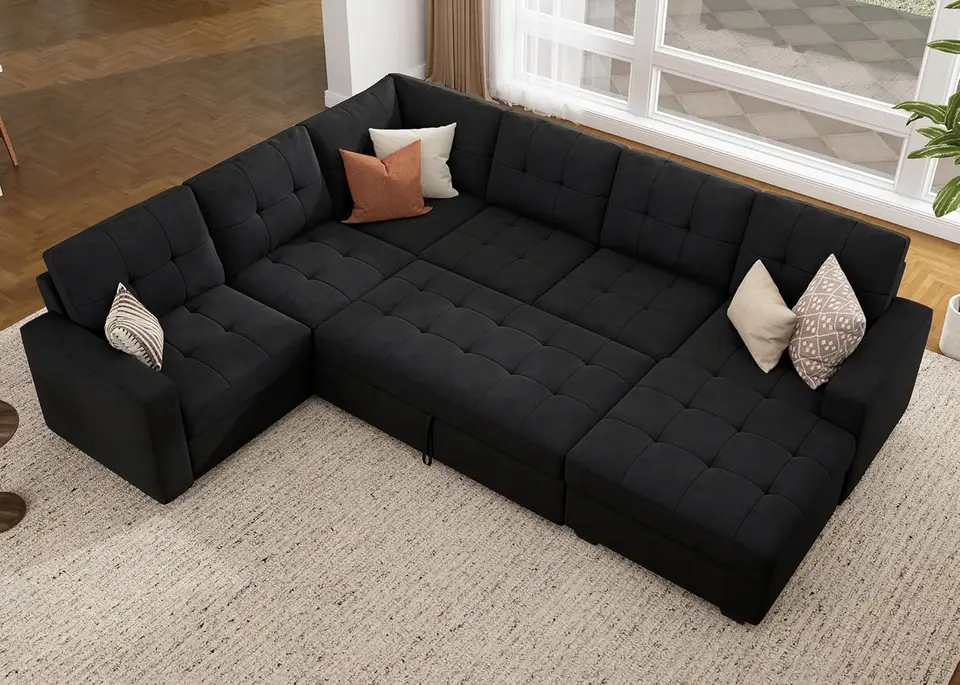 Seková spánková pohovka s vytiahnutím postele Sleeper Section Gouch pre obývaciu izbu Sleeper Sofa Storage Storage Chaise Velvet Black