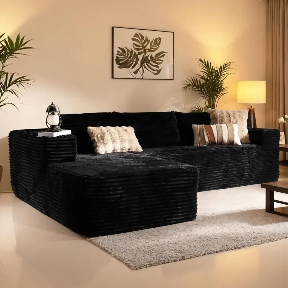 Sekčný gauč s ležadlaou Longue Comfy Corduroy Fluffy Gouch s hlbokým sedadlom L Modulárna moderná pohovka v tvare sedadla L