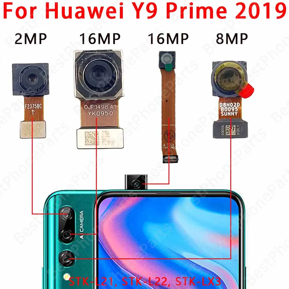 Selfie predný a zadný zadný fotoaparát pre Huawei Y9 Prime 2019 hlavný obrysový modul kamery Flex kábel Výmena náhradných dielov