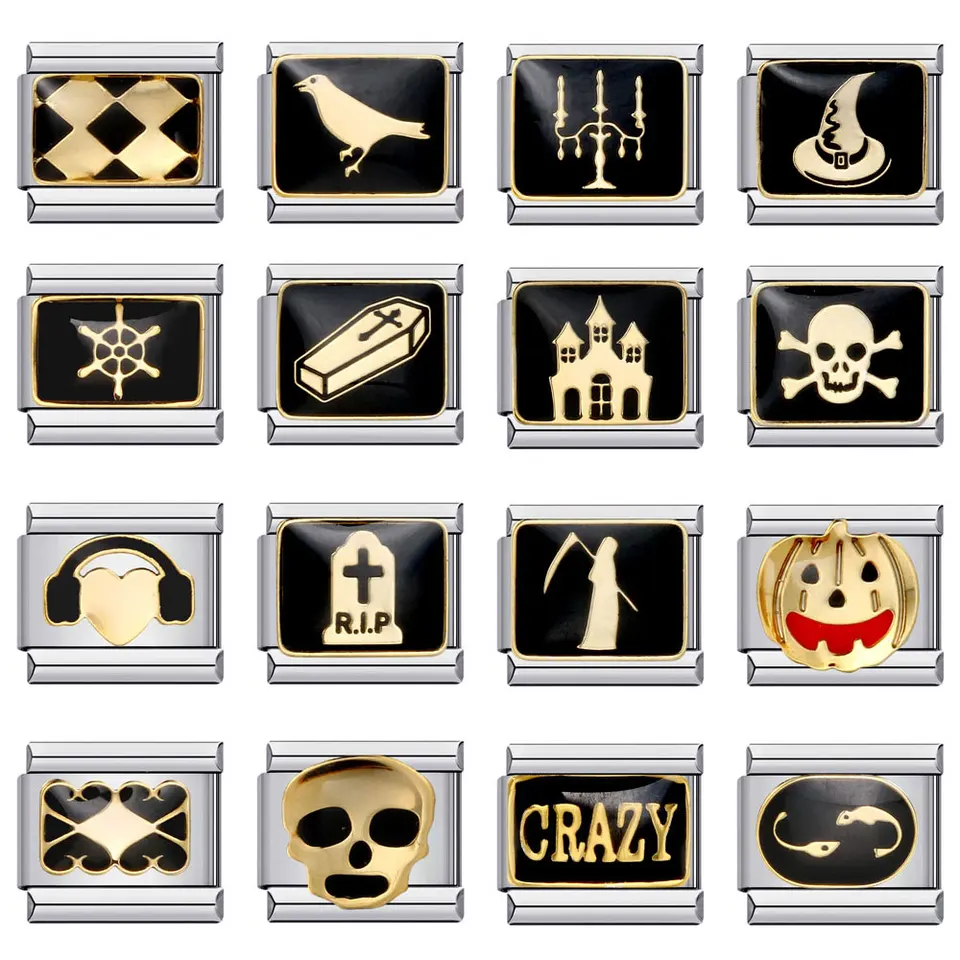Semkeiyee Black Skull Ghost Demon Demon Pumpkin Coffin Halloween Day's Italian Karm Link Link Fit Fit 9mm náramok