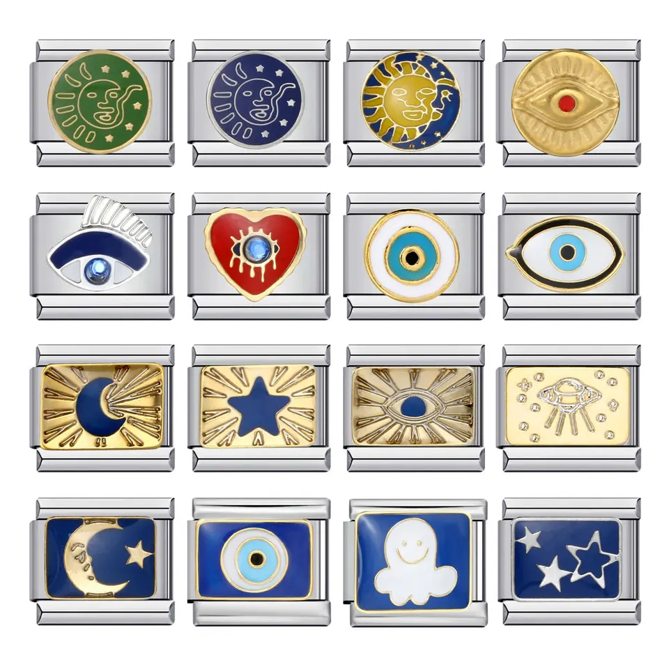 Semkeiyee Designer Sun Moon Star Eye Eye Charm Modrá žltá zelená fit 9 mm taliansky náramok Ženy Men