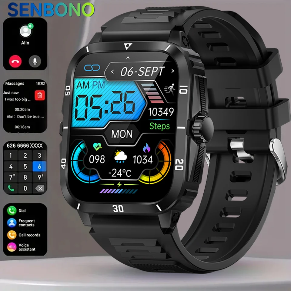 Senbono Nové 3ATM Pánske smartwatch Bluetooth Call 430 mAh Veľká batéria Fitness Tracker 100+ Športové režimy Smart Watch for Android iOS