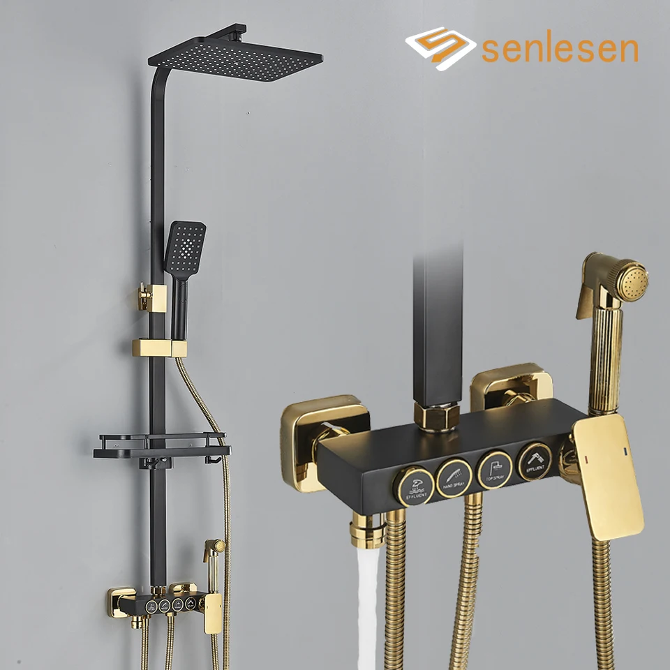 Senlesen Čierne zlato termostatická sprcha faucet kúpeľňa zrážky sprchy sada nástenná digitálna displej 4-dráhy výtoky mixéra Tap