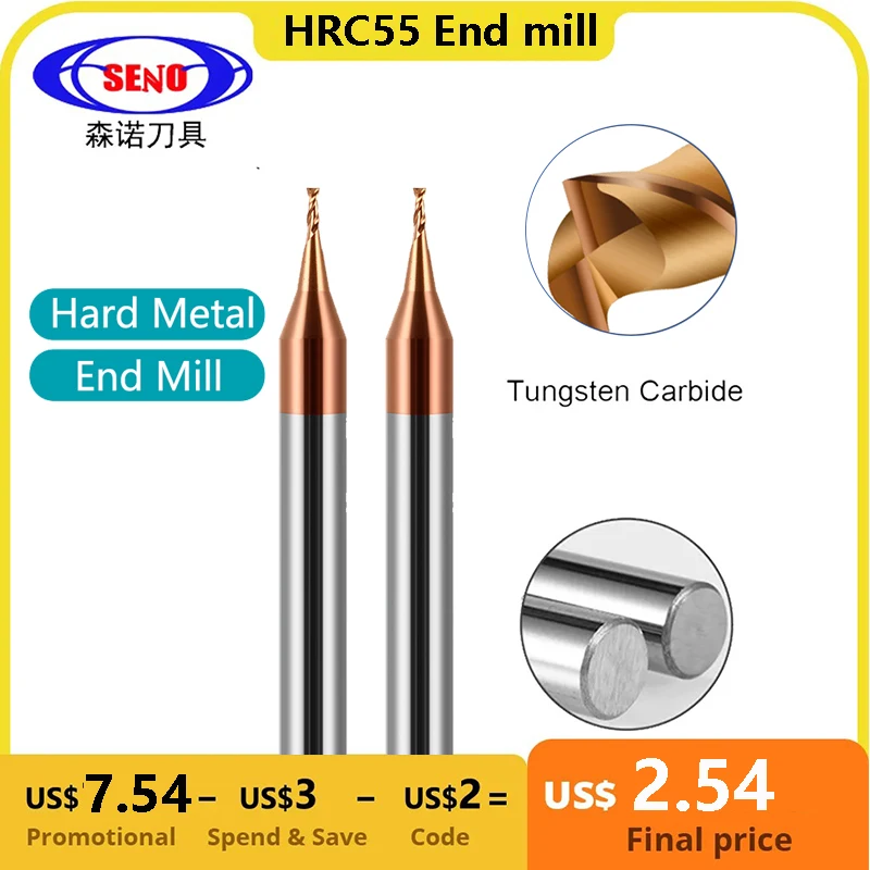 Seno HRC55 Mikro karbidový koncový mlyn 2 flauty 0,2-0,9 mm tiain Micro Flat 4 mm driek na mletie Cutter Mirco karbid cnc gravírovanie bit