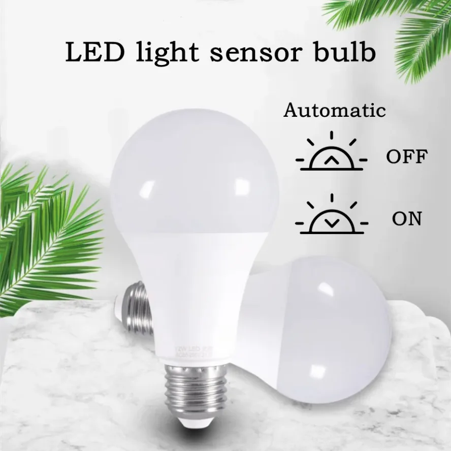 Senzor riadenia LED svetla E27 žiarovka 15W 12w 9W 7W 5W AC85-265V Denné nočné svetlo automatické automatické zapnutie inteligentnej lampy pre terasu pre záhradu pre záhradu