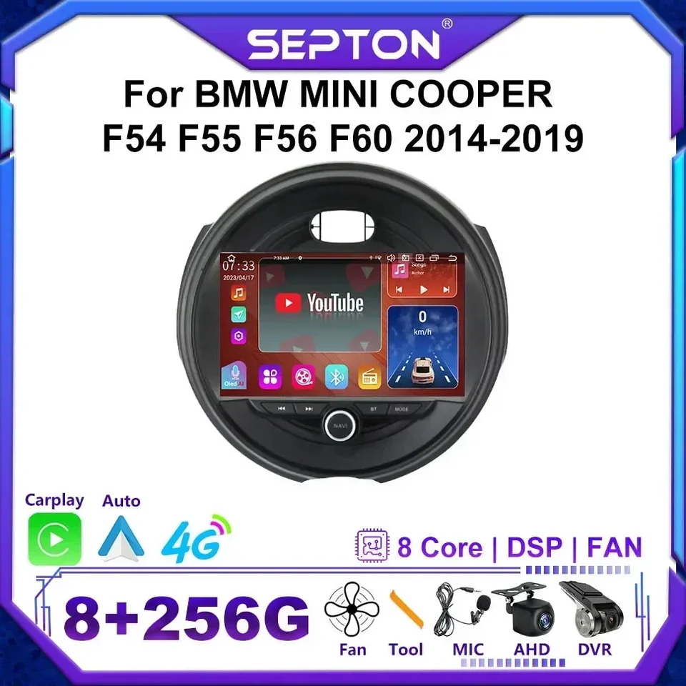 Septon Android 12 CarPlay Auto Car Radio pre BMW Mini Cooper F54 F55 F56 F60 2014 - 2019 Navigácia GPS Player Wireless CarPlay