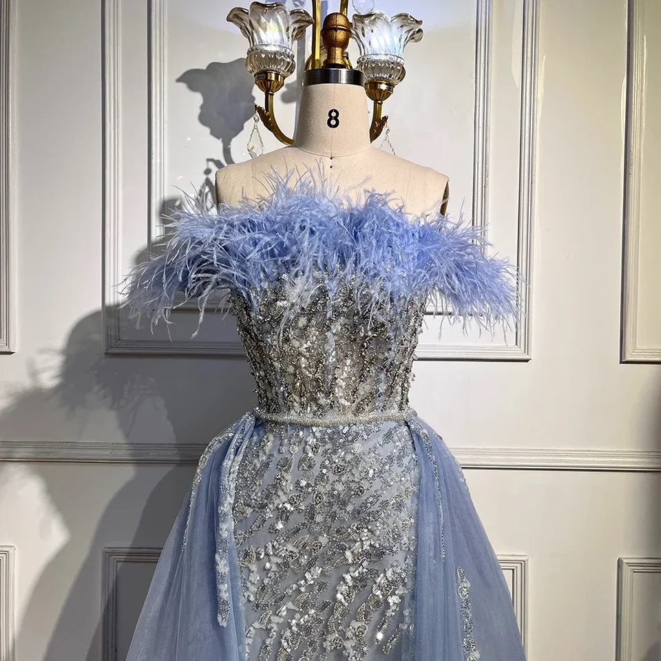 Serene Hill Blue Diamond Feather Morská panna elegantná s nadšenými večernými šaty 2024 pre svadobnú hostinu LA72061 Prispôsobené