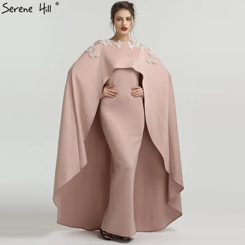 Serene Hill Prispôsobený 2025 Moslim Pink O-Neck Pearl Pearl Bez rukávový večer s priadzou s priadzou pre formálnu príležitosť GQA8023