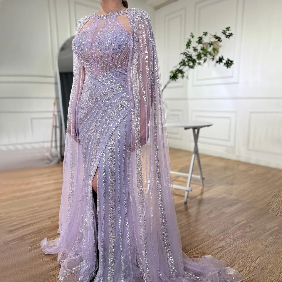Serene Hill Prispôsobený Lilac Cape Ruckves Morská panna Luxusné korálkové štrbinové šaty Svadobné šaty pre ženy 2025 CLA72085