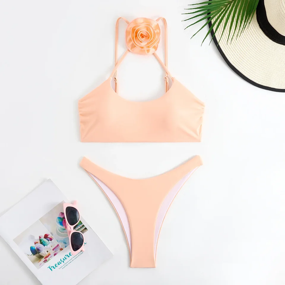 Sexy 3D kvet ružové bikiny súpravy trojuholníka dva kusy halter krížik čalúnené plavky plavky ženské plavky Biquini plavky
