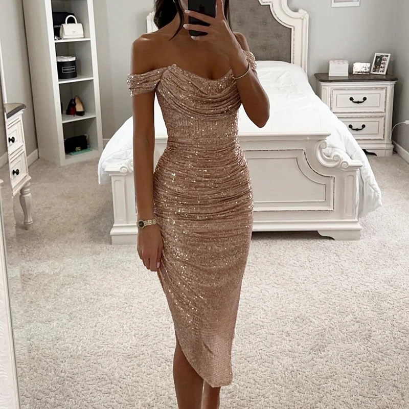 Sexy asymetrické lesklé trblietky Long Long Dlhé šaty Elegantné solídne zimné bankety Ženy 2024