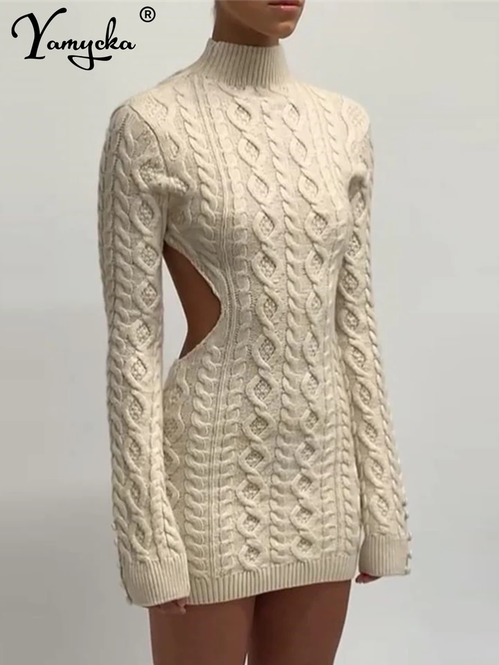 Sexy backless mini pletené šaty Ženy Elegantné narodeninové oslavy krátke šaty Žena Bodycon dlhé rukávy večerné šaty Vestidos