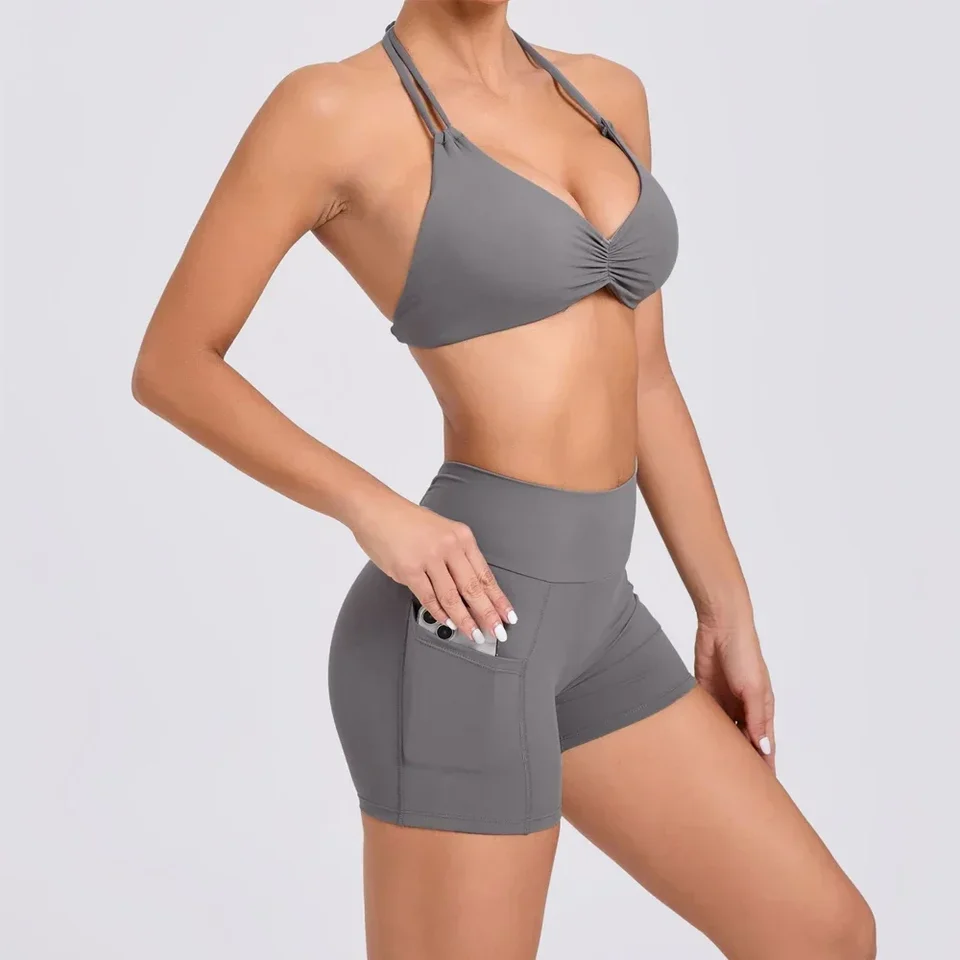 Sexy backless scrunch športové šortky súprava s vreckovým dámskym cvičením jogy výcvikový oblek pre fitness športové oblečenie červená čierna