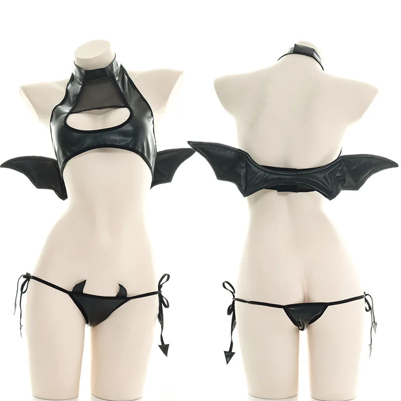 Sexy bikiny spodná bielizeň patent-kolá diabol krídlo otvorené hrudné kostýmy japonské dámske spodné prádlo punkamy pyžamy lolita