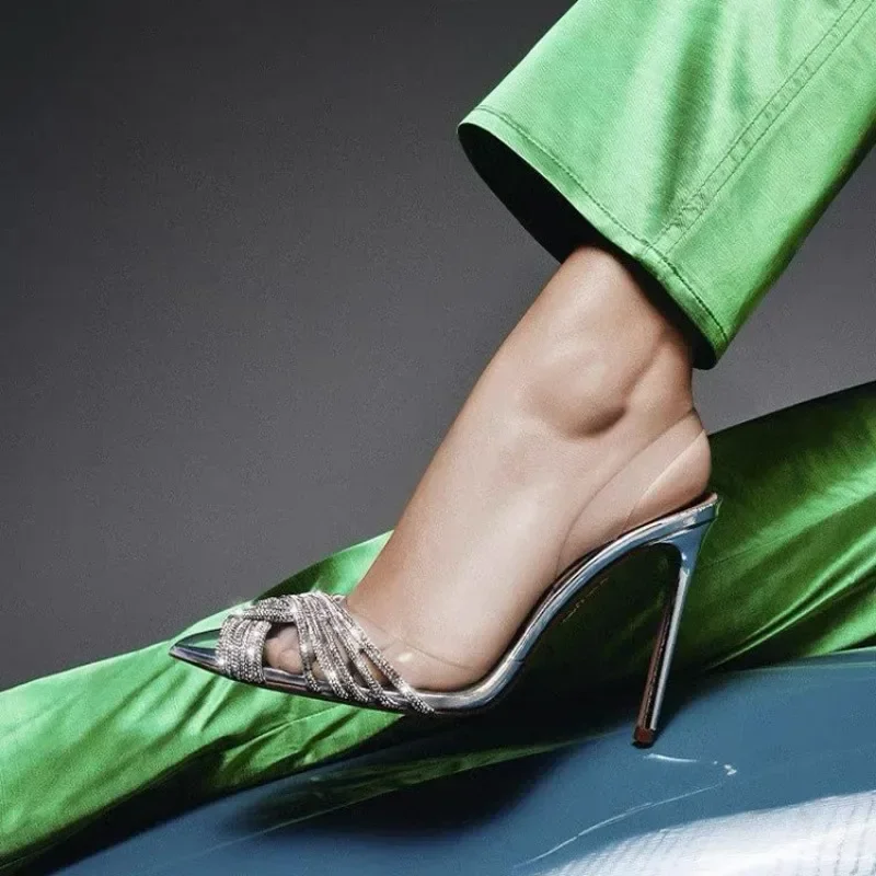 Sexy bling kamienky úzka skupina krížové krížové sandále dámske pumpy špicaté čisté PVC zadné popruhy vysoké podpätky klub banketové topánky